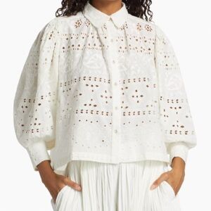 NWT House of Harlow 1960 Elegant Eyelet Puff Sleeve Point Collar Blouse